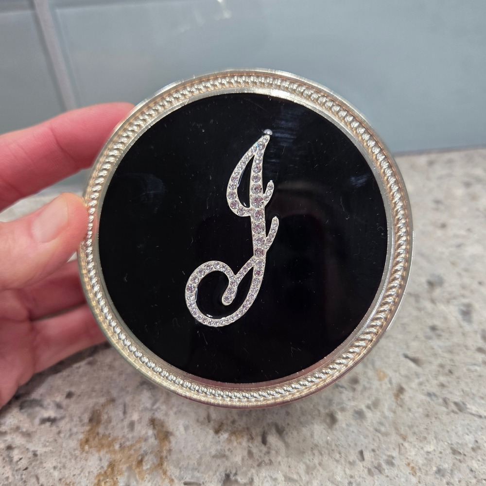 VTG Sparkling Monogram J Round Trinket Box‎ Jewelry Keepsake Storage Rhinestone